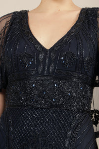 Vestido v bordado manga capa navy