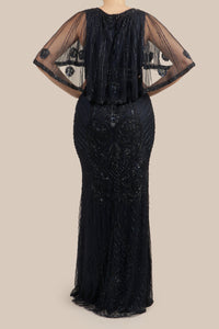 Vestido v bordado manga capa navy
