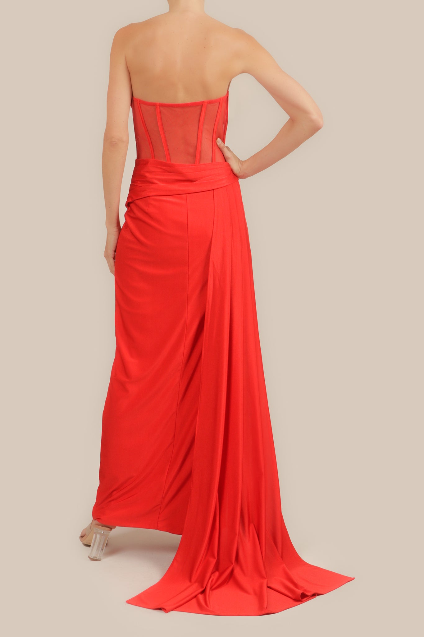 Vestido licra strapless transparencias rojo