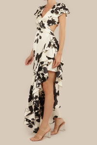 Vestido cut out print asimétrico ivory-negro