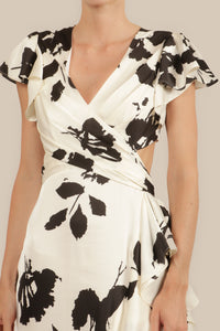 Vestido cut out print asimétrico ivory-negro
