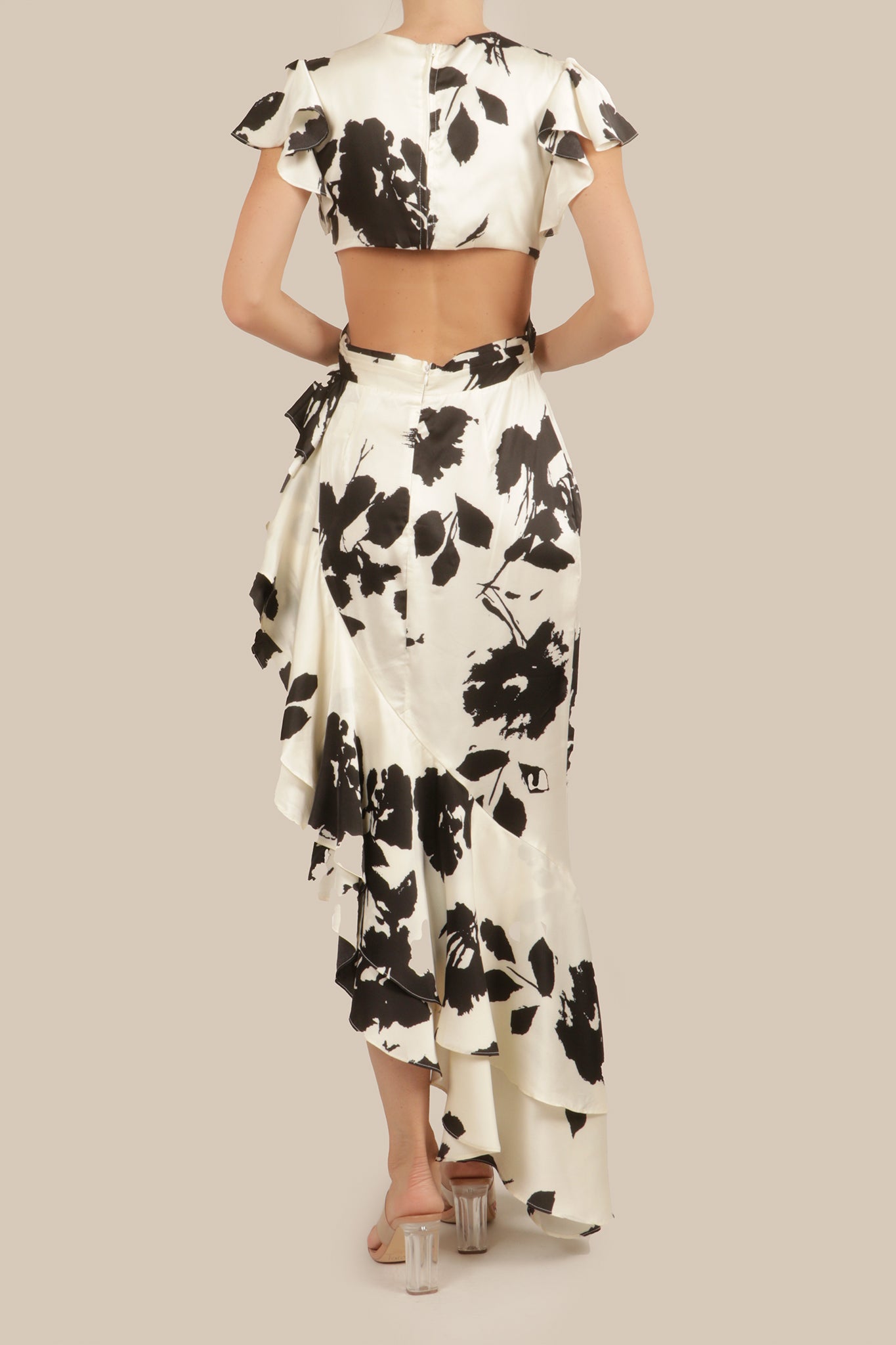 Vestido cut out print asimétrico ivory-negro