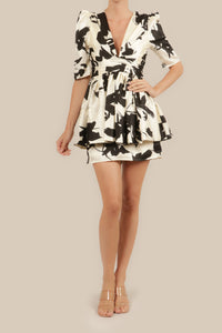 Vestido satín corto print olanes ivory-negro