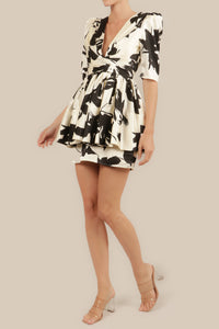Vestido satín corto print olanes ivory-negro