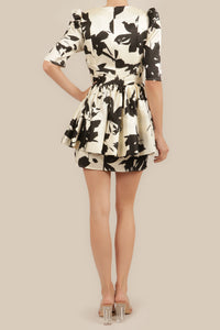Vestido satín corto print olanes ivory-negro