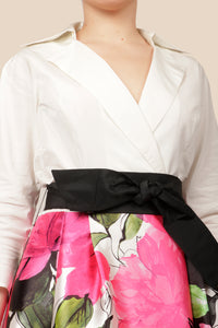 Vestido manga larga corte A print blanco/rosa