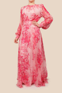 Vestido plisado print manga larga rosa
