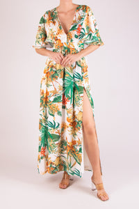 Vestido v print manga corta ruffle naranja