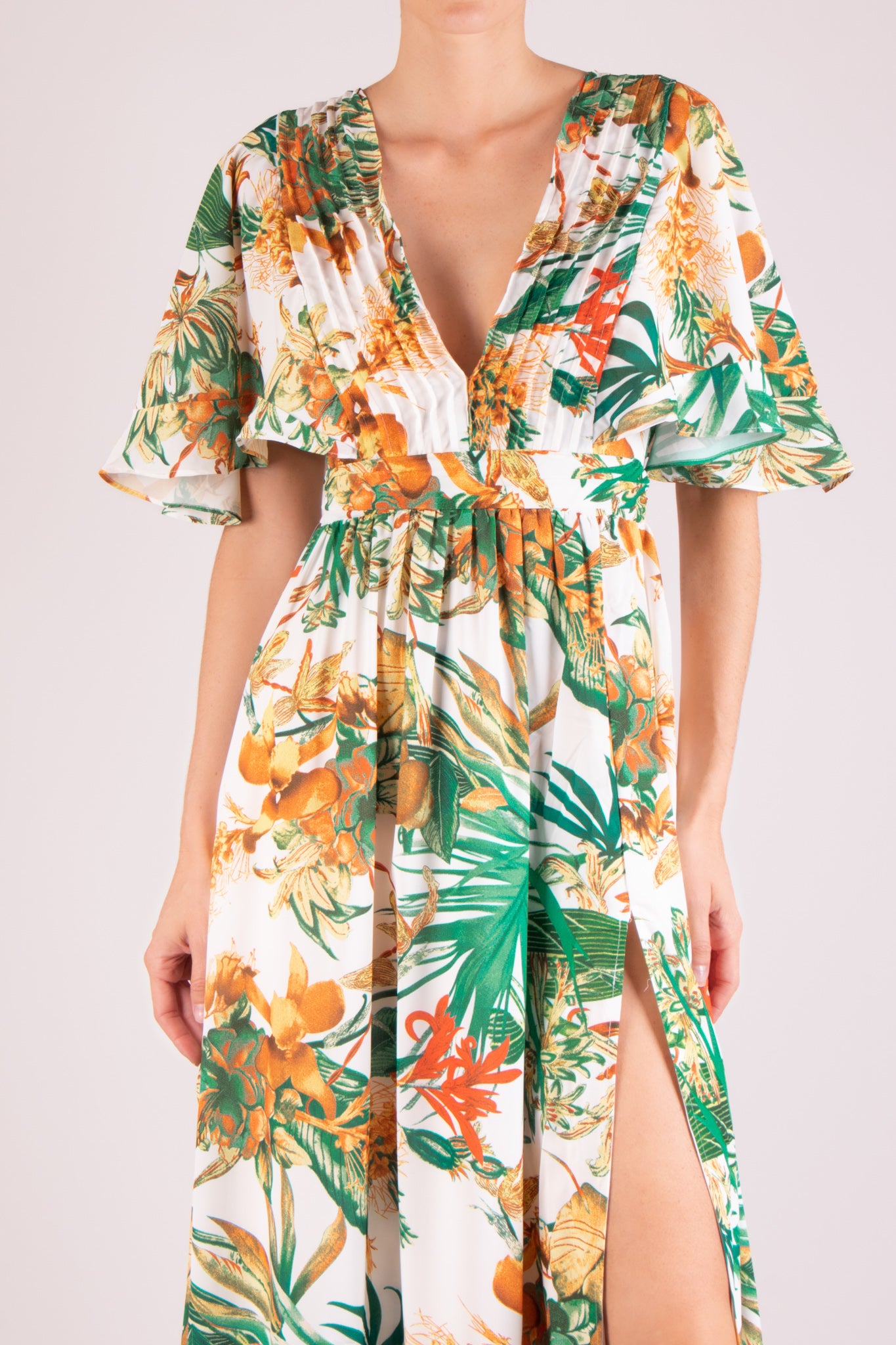 Vestido v print manga corta ruffle naranja