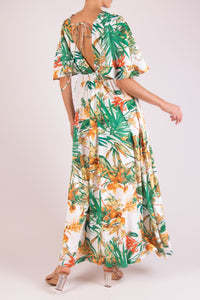 Vestido v print manga corta ruffle naranja