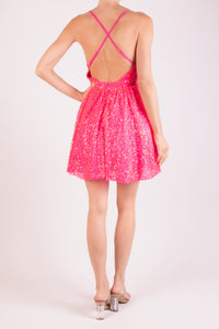 Vestido corto maxi tirante lentejuela neon rosa