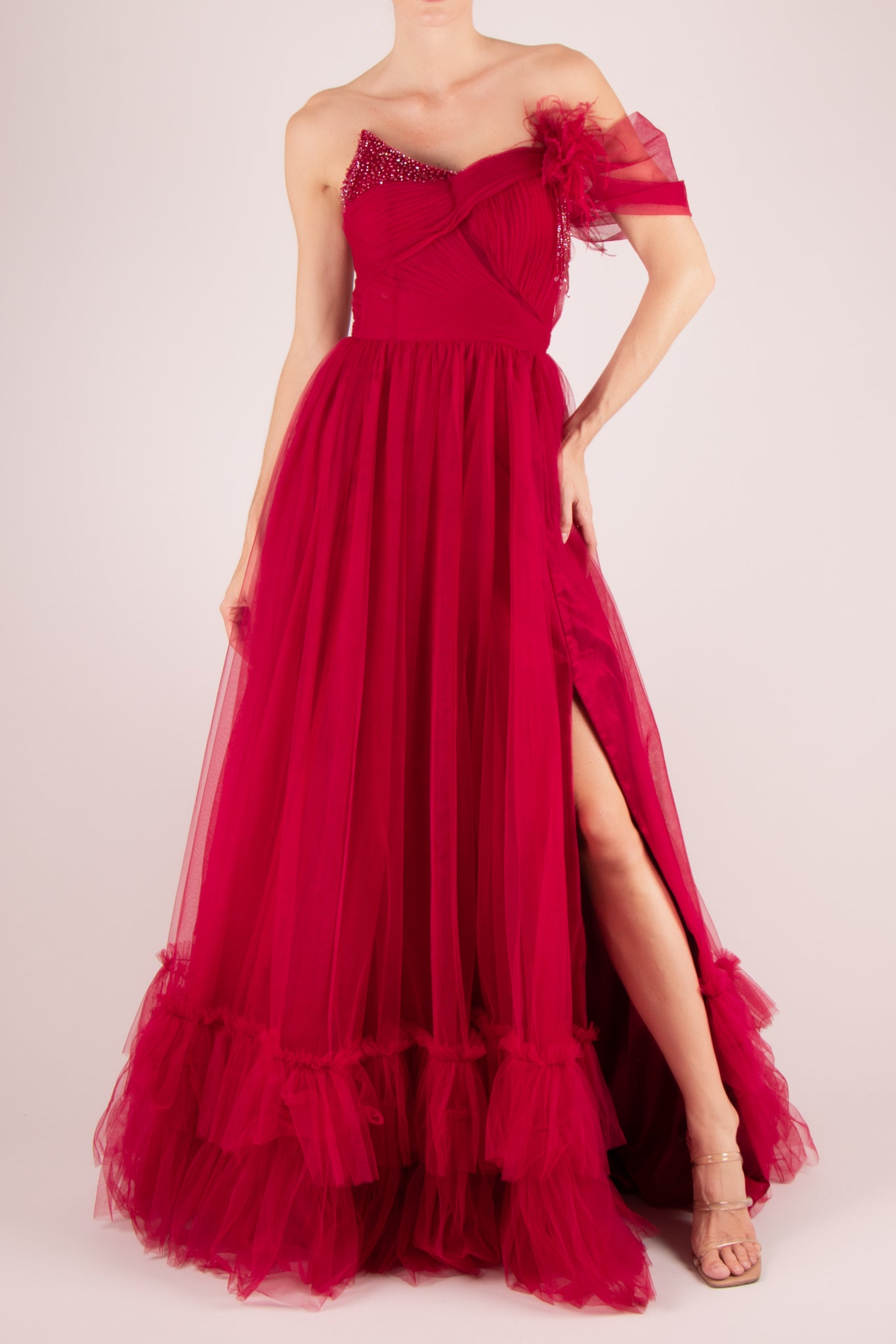 Vestido un hombro capas abertura en pierna rojo