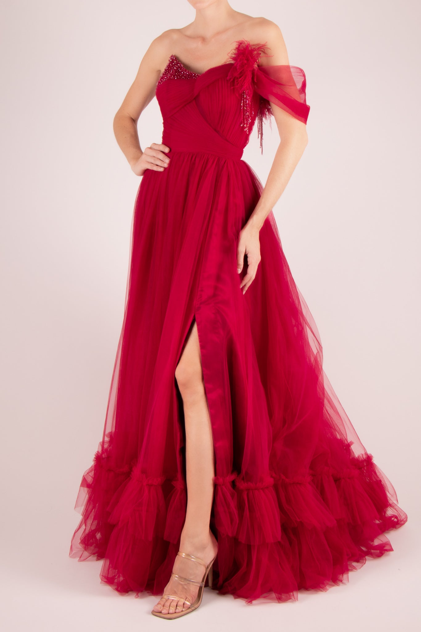 Vestido un hombro capas abertura en pierna rojo