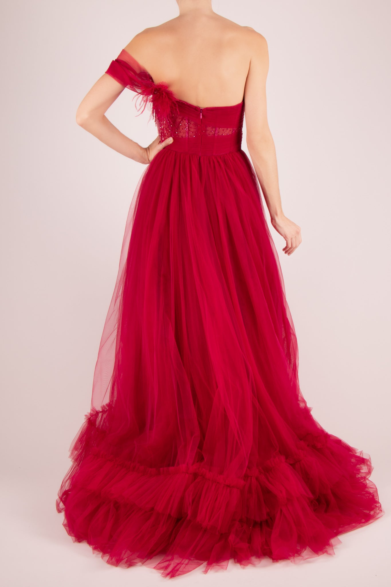Vestido un hombro capas abertura en pierna rojo