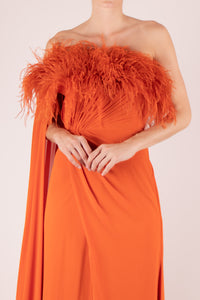Vestido un hombro plumas orange