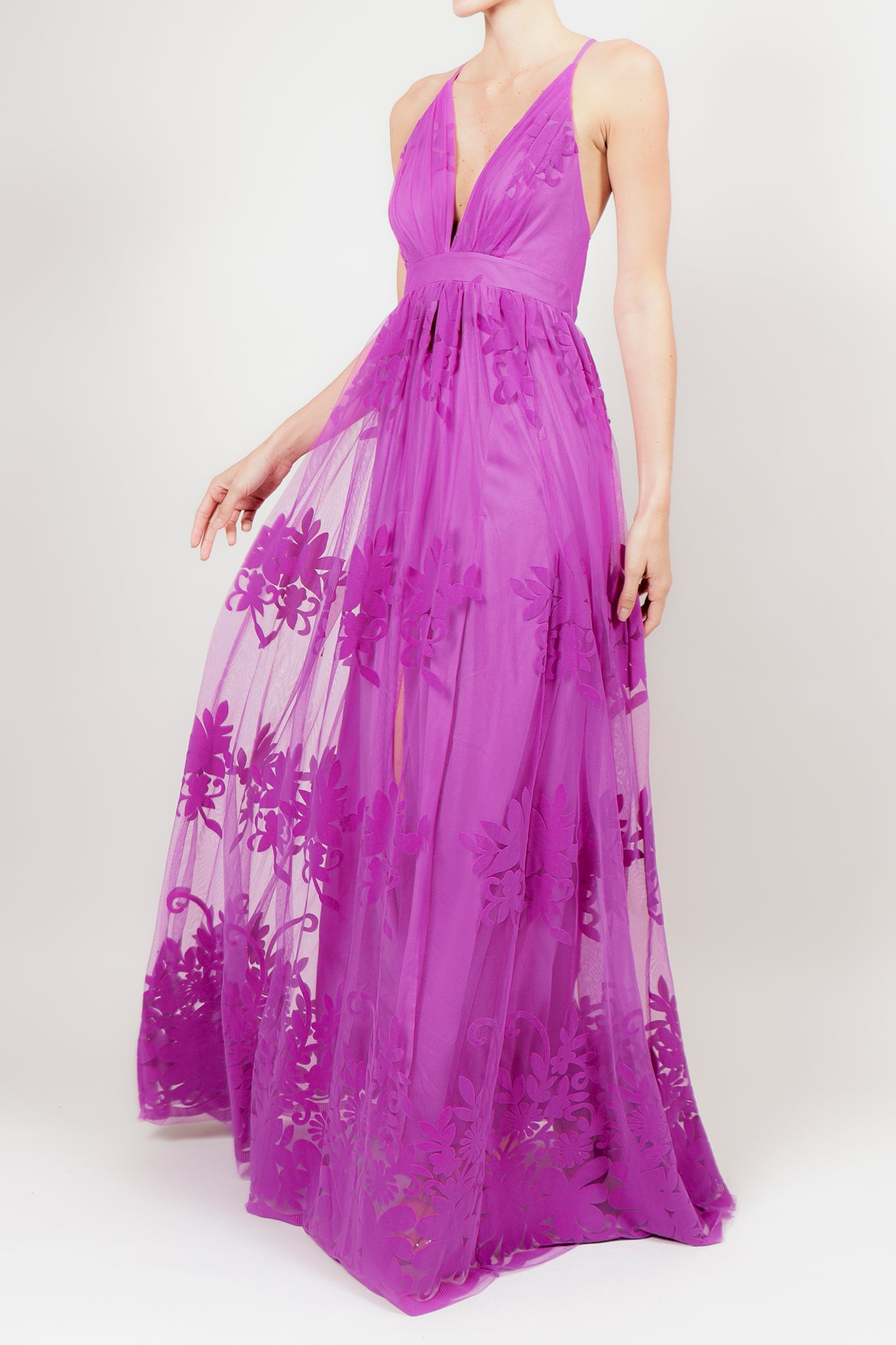 Vestido maxi tirantes terciopelo magenta