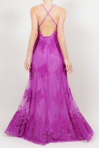 Vestido maxi tirantes terciopelo magenta