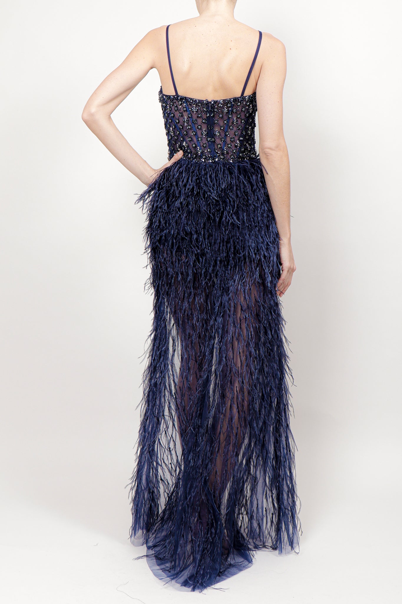Vestido bordado plumas navy