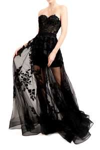 Vestido mesh strapless bordado negro