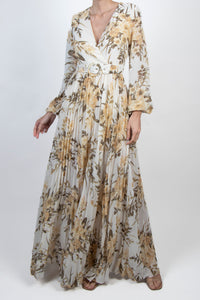 Vestido v manga larga plisado print ivory