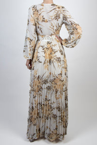 Vestido v manga larga plisado print ivory