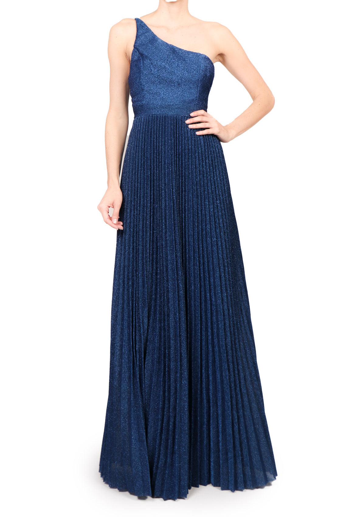 Vestido plisado un hombro gliter azul