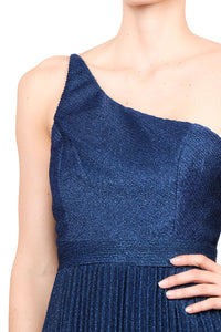 Vestido plisado un hombro gliter azul