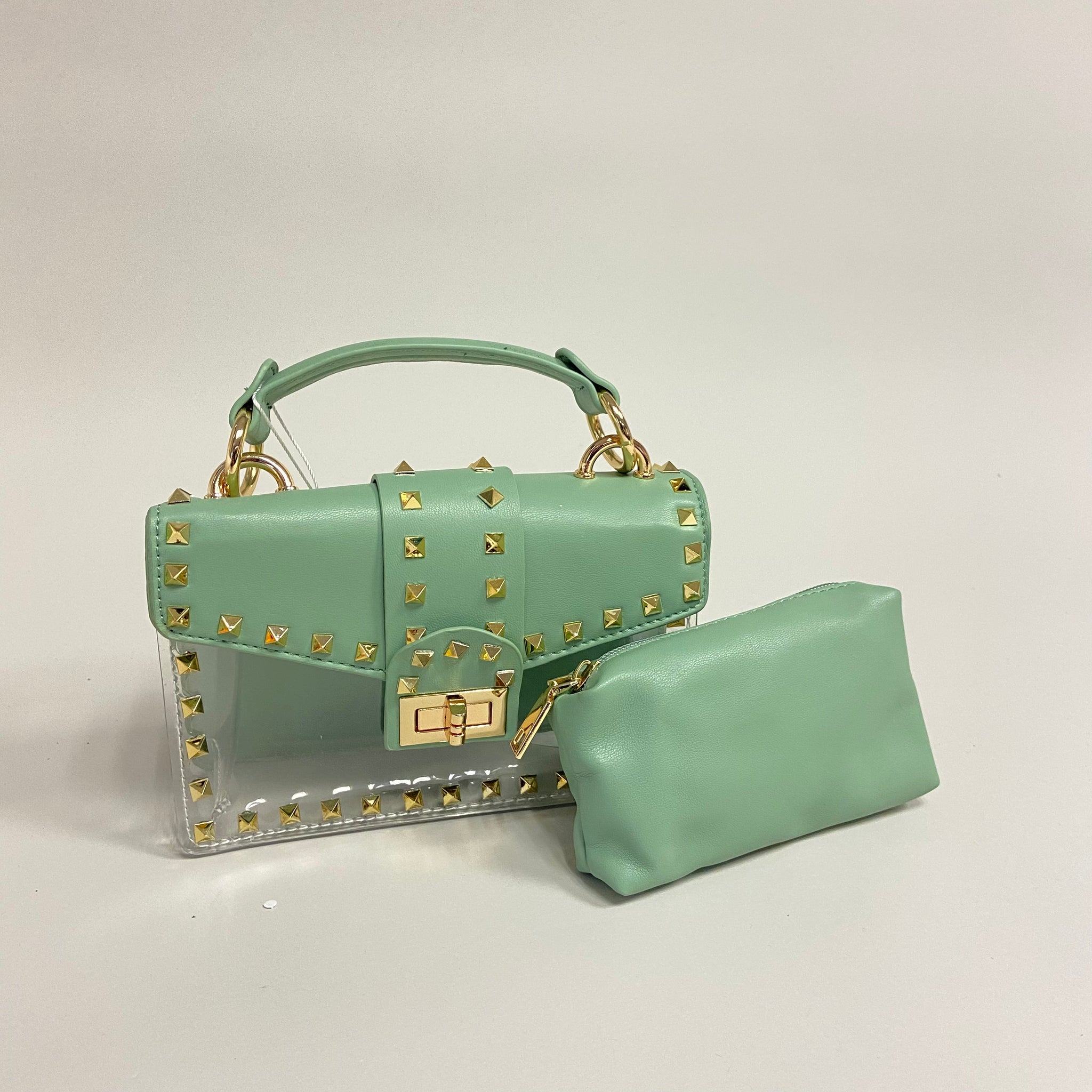 Bolsa sage transparencias y estoperoles dorados