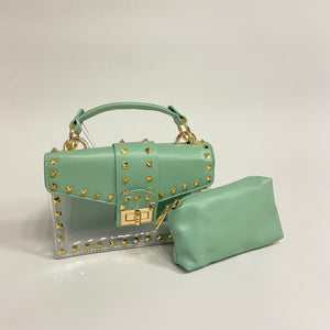 Bolsa sage transparencias y estoperoles dorados