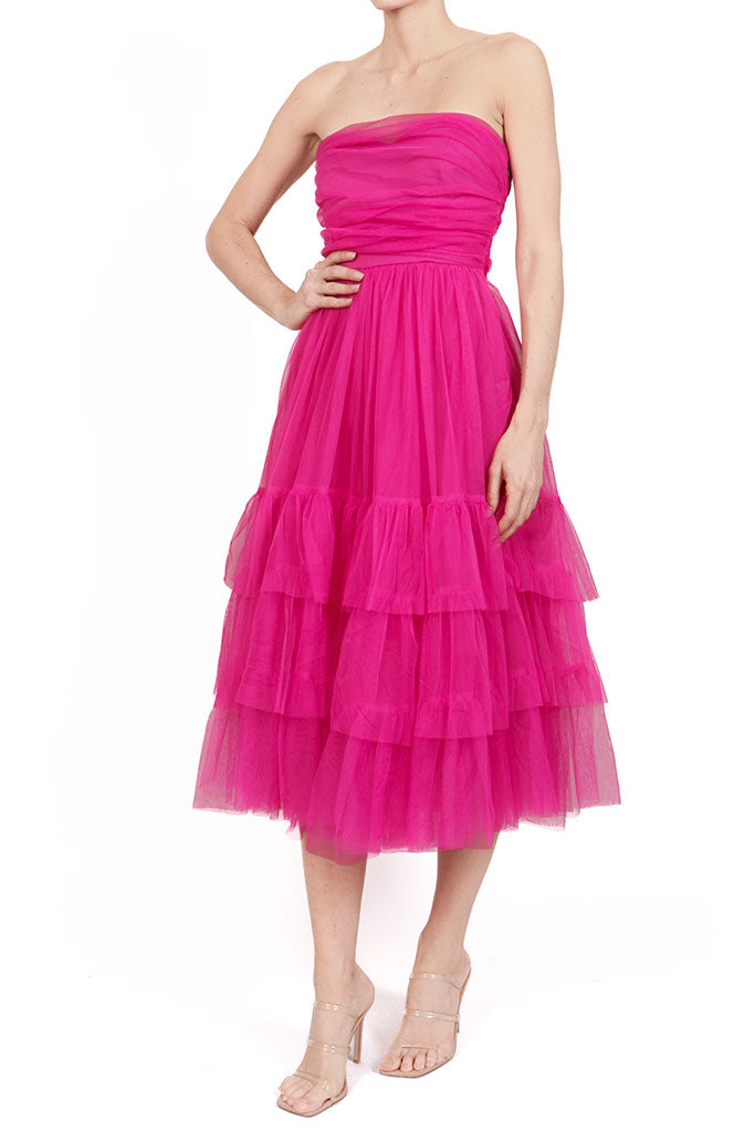 Vestido strapless mesh fucsia midi