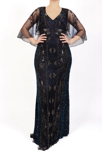 Vestido v bordado m/capa navy