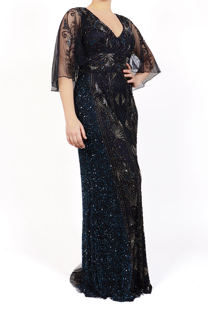 Vestido v bordado m/capa navy