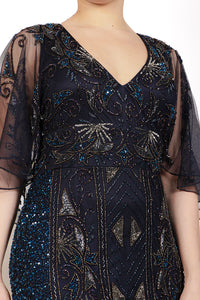 Vestido v bordado m/capa navy