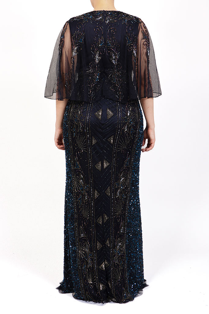 Vestido v bordado m/capa navy