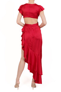 Vestido v cut out ruffle asimétrico rojo