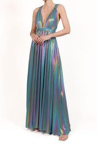 Vestido v metálico azul multi