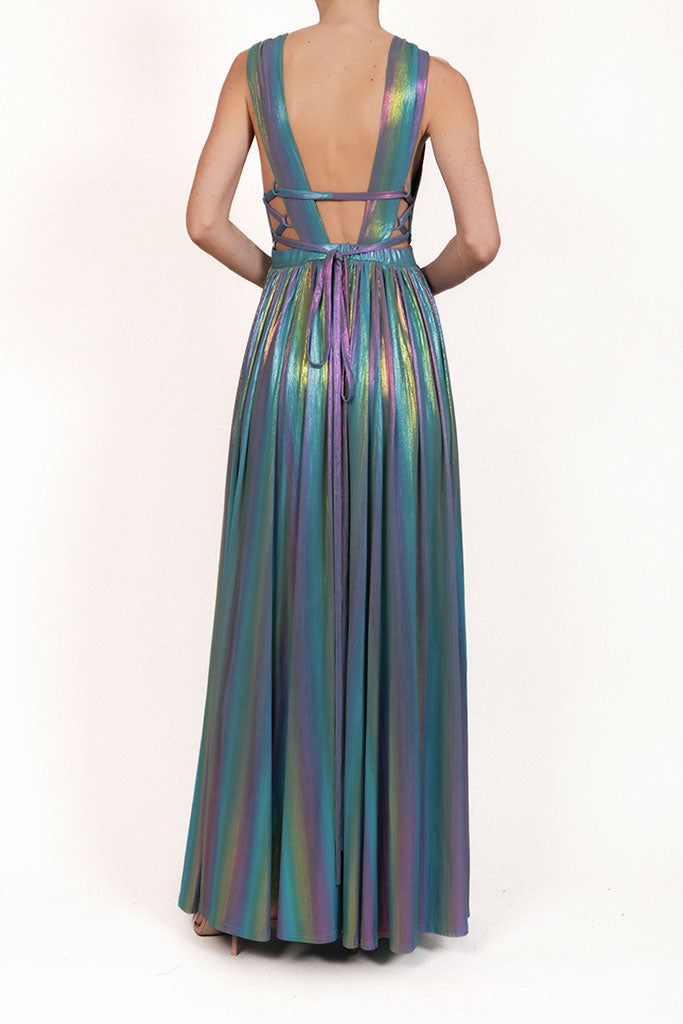 Vestido v metálico azul multi