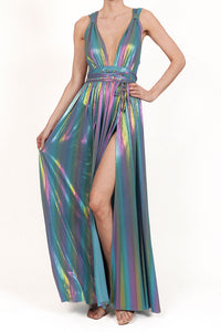 Vestido v metálico azul multi