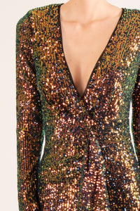 Vestido v manga larga lentejuela multi