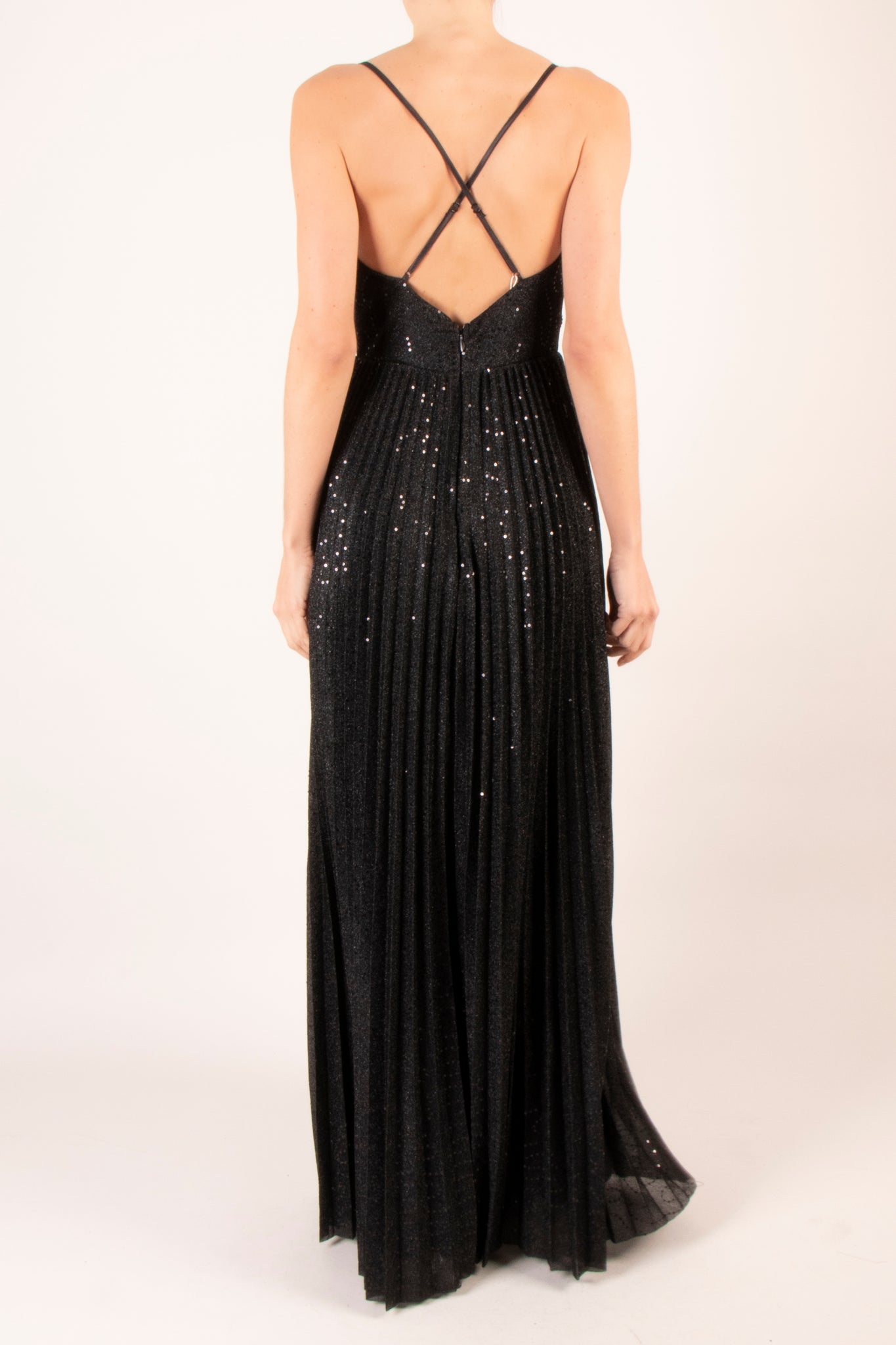 Vestido glitter plisado v tirantes finos negro