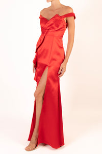 Vestido off the shoulder moño rojo