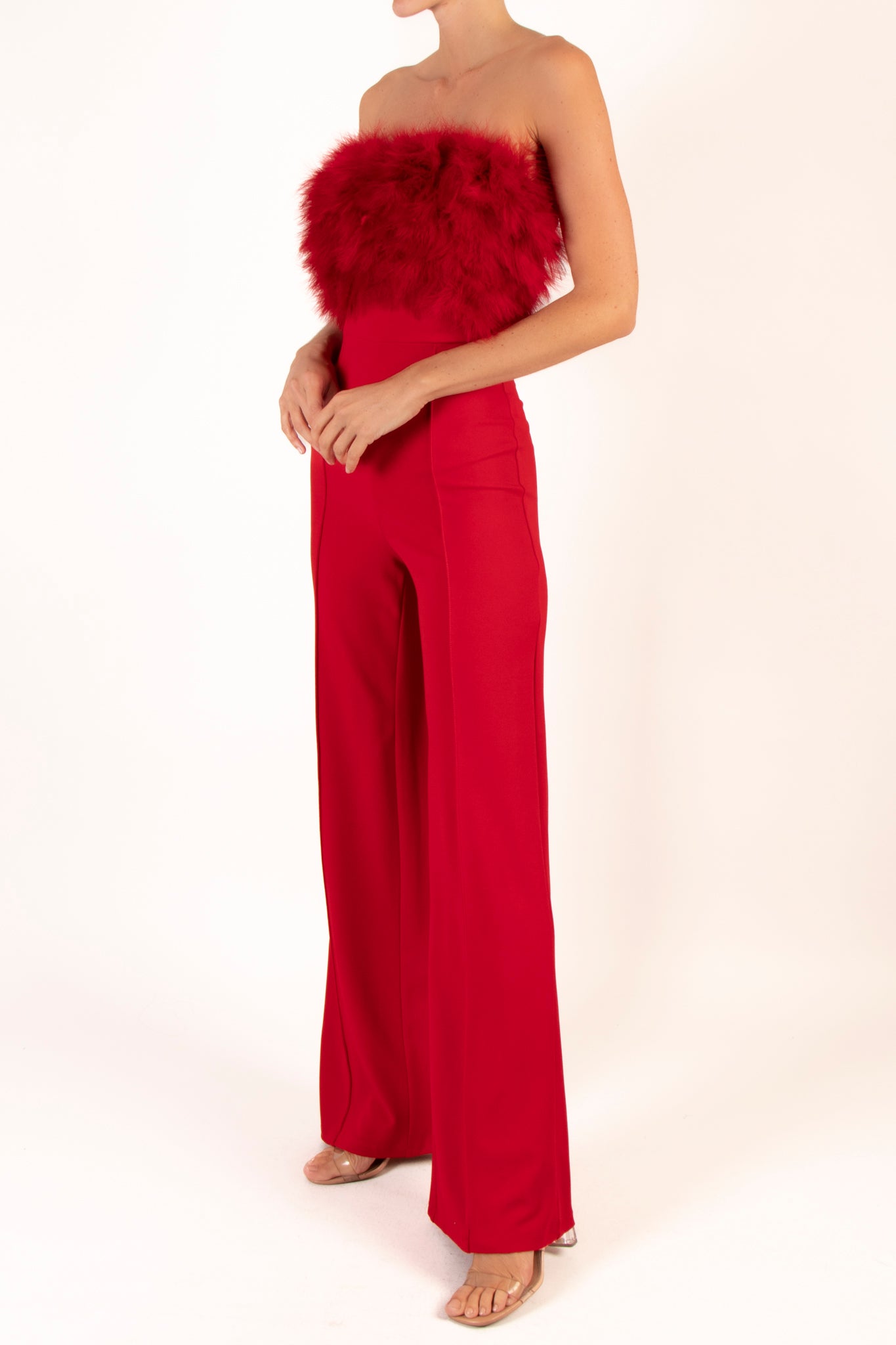 Jumpsuit strapless plumas rojo