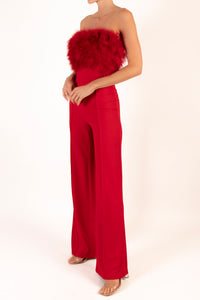 Jumpsuit strapless plumas rojo