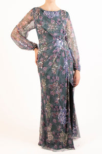 Vestido bordado manga larga gris multi