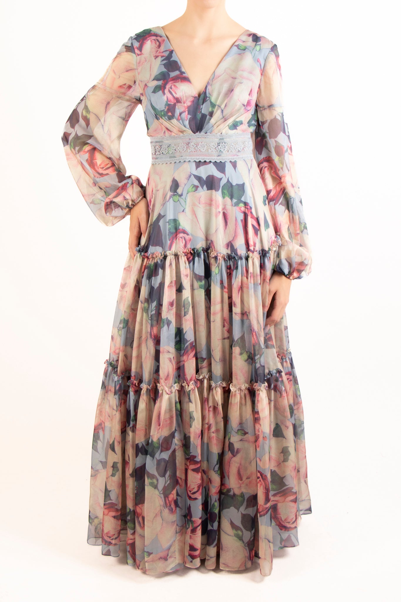 Vestido print v manga larga olanes azul