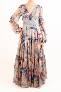 Vestido print v manga larga olanes azul