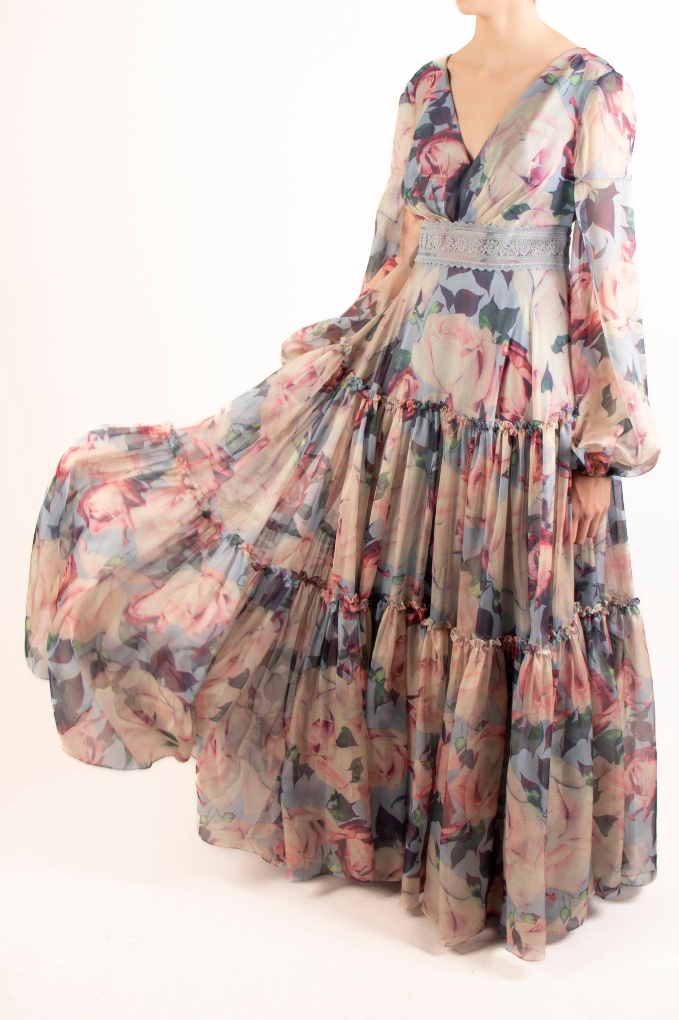 Vestido print v manga larga olanes azul