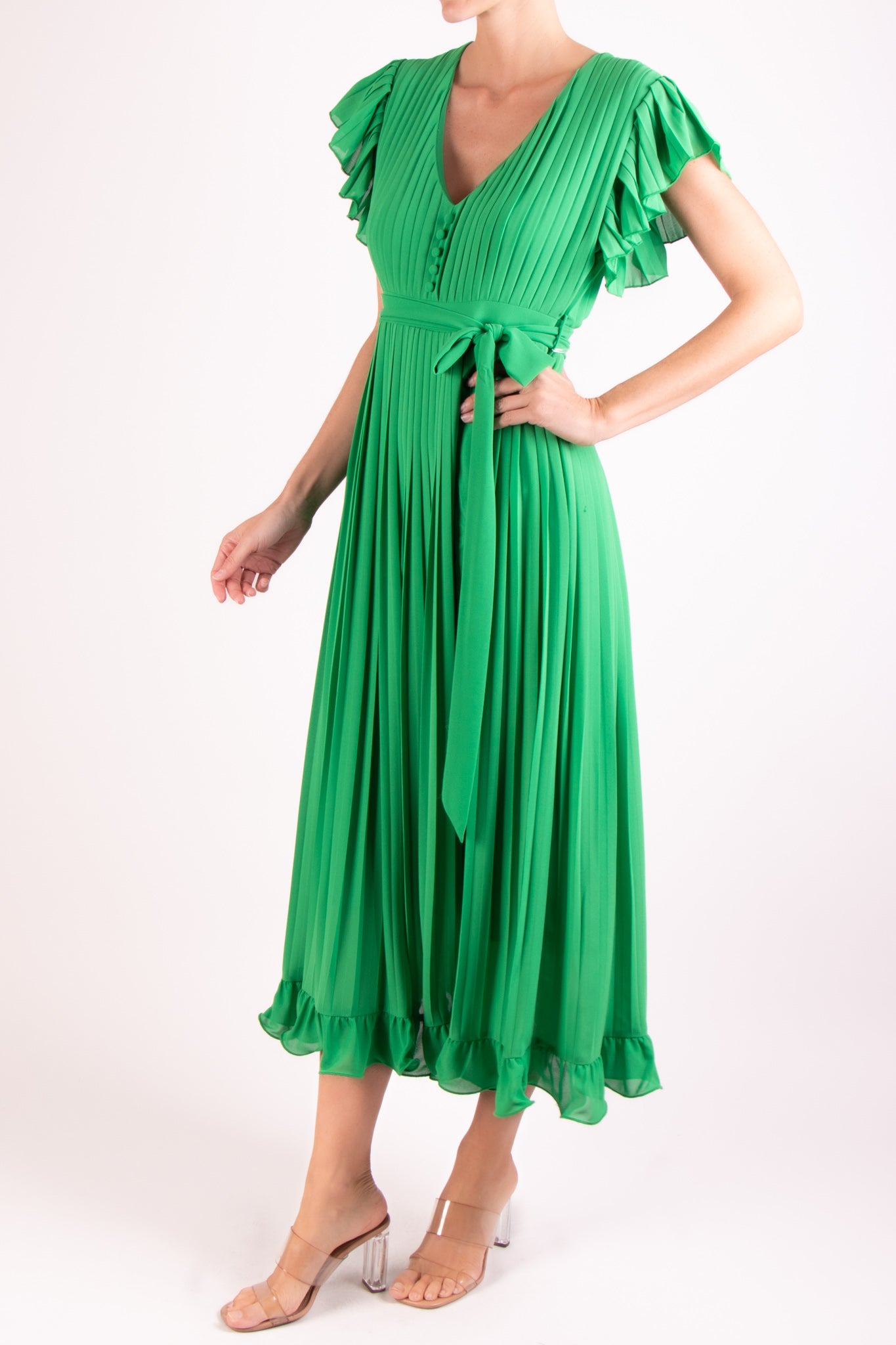 Vestido v botones plisado verde
