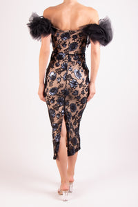 Vestido lentejuela off the shoulder m/tull negro-nude