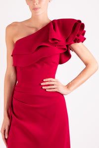 Vestido un hombro ruffle vino